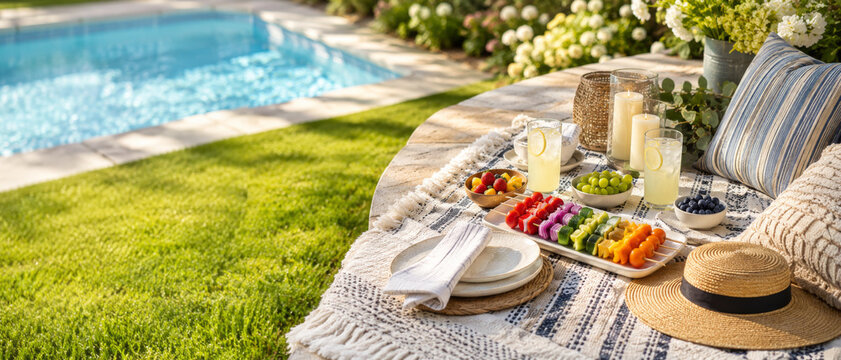 Pool party table with snacks, drinks, and decor by a summer pool, background