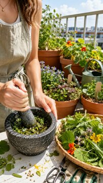 Woman preparing herbal mixture with mortar in garden setting