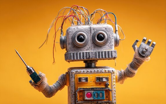 Playful image features a vintage robot with exposed wires, holding a screwdriver
