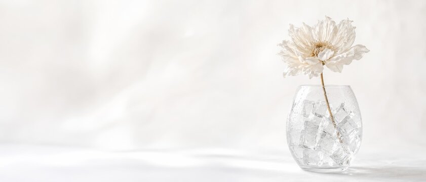 Delicate white flower in vase with ice on light background