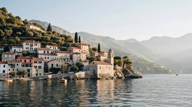 Aerial drone shot of Perast town in the Bay of Kotor Montenegro at morning golden hour
