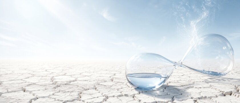 Drought landscape with hourglass on cracked earth under clear sky, concept of time