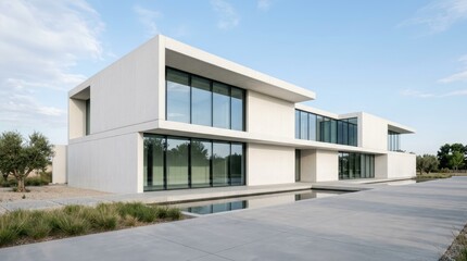 Fototapeta premium A modern, minimalist house sits on a flat, gray concrete driveway. The house features a rectangular design with large, floor-to-ceiling windows and a smooth, white concrete facade.