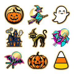Halloween enamel pin set with gold trim, spooky holiday icons collection, 9 vector stickers featuring pumpkins, witches, and ghosts isolated on White Background © MITURANI