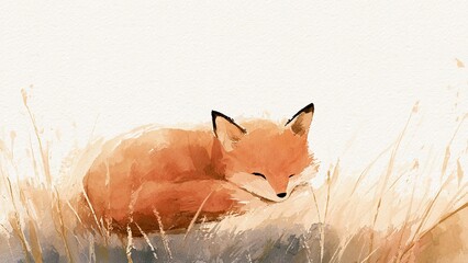 Fototapeta premium 草原で丸くなって眠るキツネ 優しい水彩タッチの動物イラスト素材