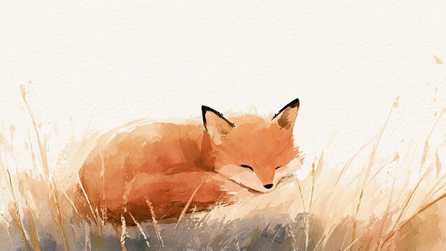 草原で丸くなって眠るキツネ 優しい水彩タッチの動物イラスト素材