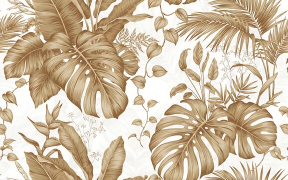 Seamless tropical botanical pattern with monstera and palm leaves isolated on white background