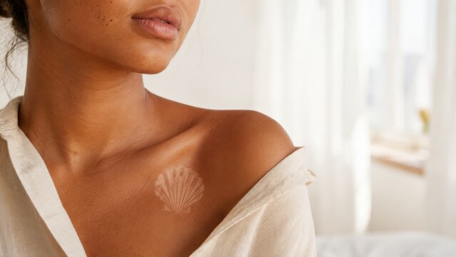 Tantoo shell sun tattoo on womans shoulder, natural lighting, Y2K aesthetic