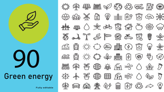 Set of 90 green energy and sustainable living line icons for renewable power and environmental conservation concepts with sustainable renewable environment conservation collection illustration