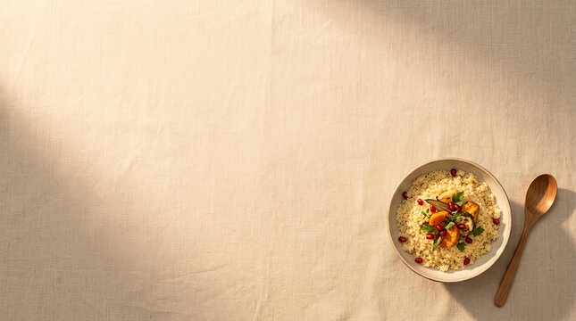 Elegant Minimalist Food Photography of Flavorful Bowl on Linen Tabletop