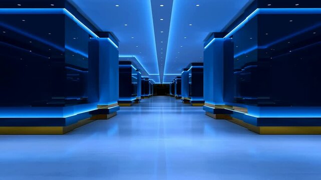 Modern futuristic data center interior with glowing blue neon lights and symmetrical high-tech architecture for cloud computing concept