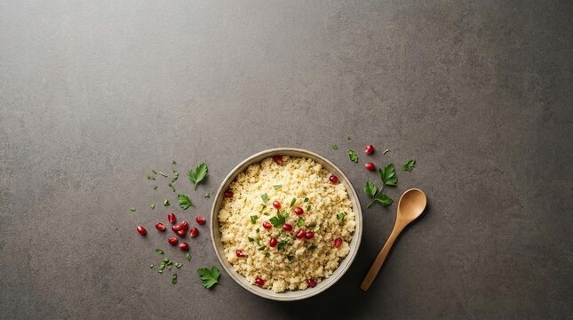 Moroccan Couscous Dish in a Flatlay Presentation, Styled with Fresh Ingredients
