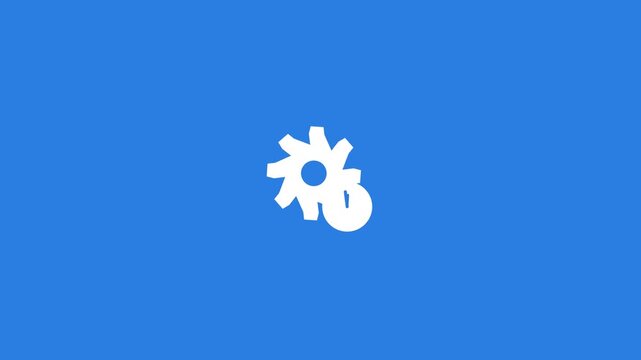 white gear and clock time icon on a solid blue background