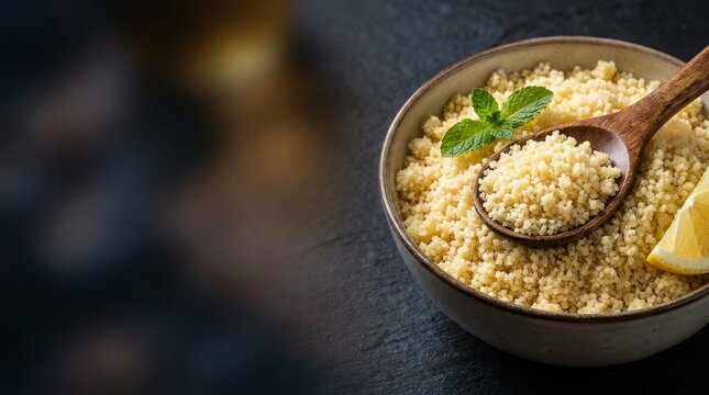 Delicious Steaming Couscous Dish with Lemon and Mint in a Cozy Kitchen Setting