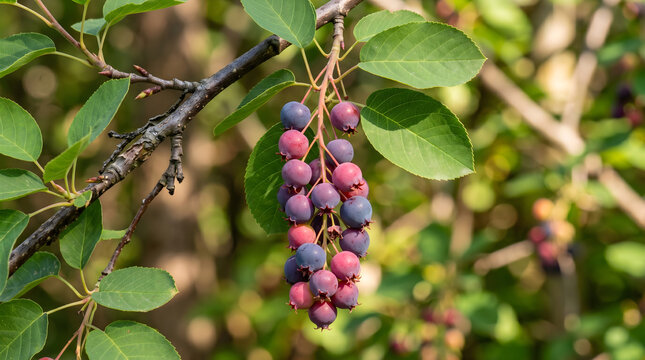 Ripe serviceberries hanging on tree branch in summer. Fresh wild edible berries ready for harvest on green foliage.