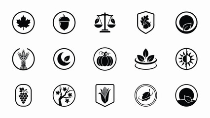 Black and white minimalist agricultural and nature symbols collection set with high contrast arrangement fifteen distinct circular icons with displays clean high © Sourav Bairagi