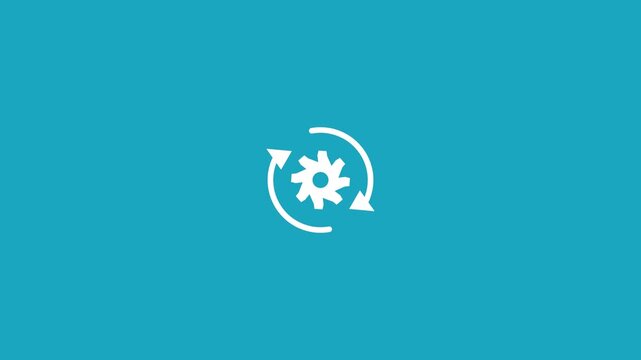 white rotating arrows with a gear icon on a solid cyan background