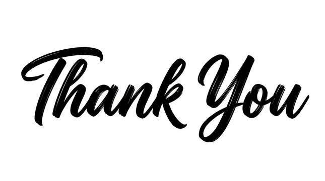 Black handwritten thank you calligraphy script on white background with greeting