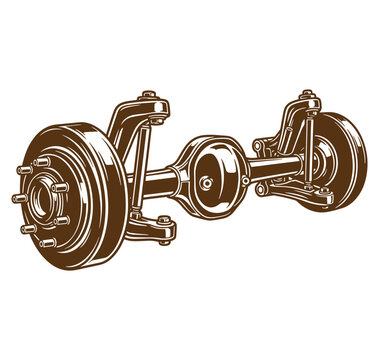brown illustration of a car axle with brake drum and wheel hub assembly