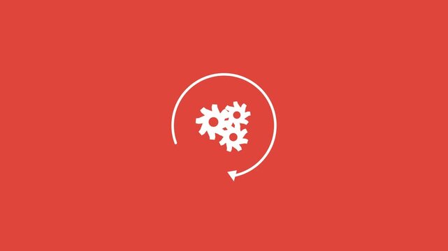 white gears with a circular arrow process icon on a solid red background