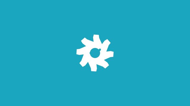 white gear with a checkmark icon on a solid cyan background