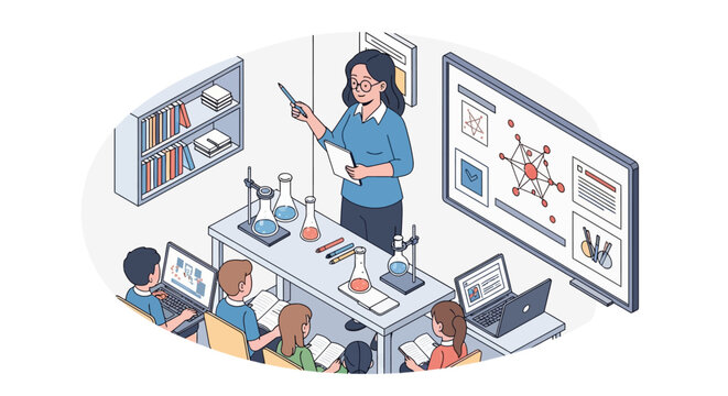 Teacher instructing students in a science classroom with experiments.
