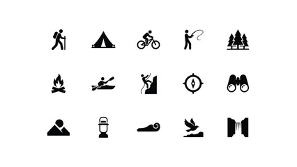 Minimalist black flat icons set with high contrast collection 15 sleek black icons representing diverse outdoor adventure themes arranged grid layout against neutral background © Sourav Bairagi
