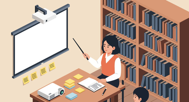 Teacher presenting lesson with projector and screen in classroom.