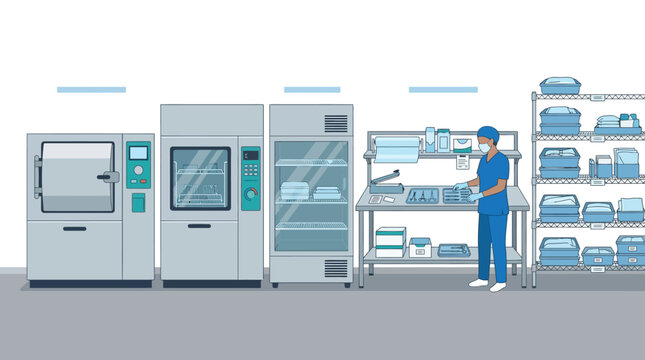Medical Sterilization Room: Autoclave, Incubator, Shelving with Supplies, Technician