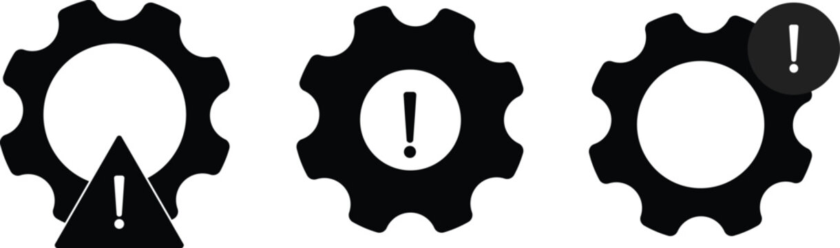 Technical issue and warning icon set isolated on transparent background. Configuration error gear icon