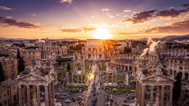Sunset aerial view over ancient Roman forum ruins with colosseum and historic buildings, warm golden sky above city skyline, smoke rising from chimneys and long shadows across landmarks