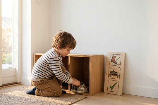 Little Child Putting Away Shoes Following Home Organization Visual Routine
