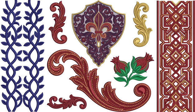 Vintage Heraldic Ornament Collection with Fleur-de-Lis Shield, Decorative Acanthus Scrolls, Floral Elements, and Elegant Geometric Borders for Luxury Vector Designs