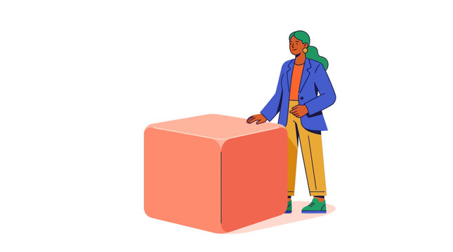 Professional woman standing with a large geometric cube illustration.
