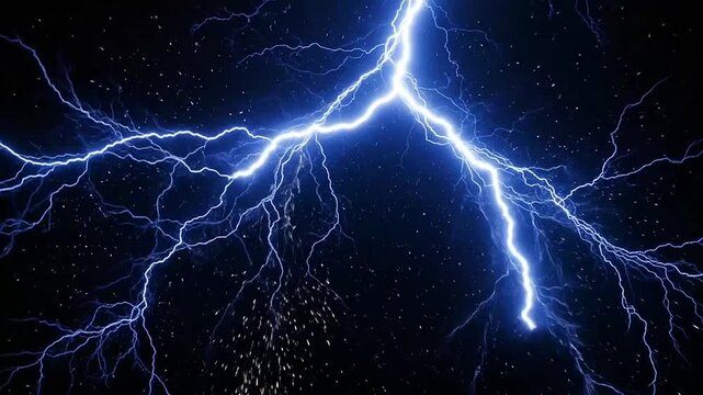 A powerful bolt of bright blue lightning strikes against a dark night sky