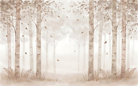 Watercolor birch tree forest background with falling leaves in sepia tones