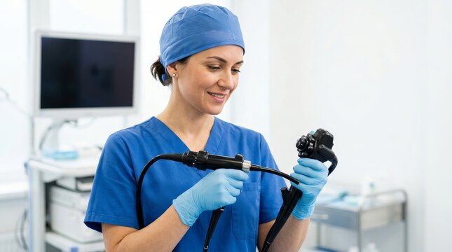 Smiling female doctor holding endoscope in modern clinic. Gastroenterologist in blue scrubs and surgical cap preparing for medical examination. Healthcare and diagnostic technology concept