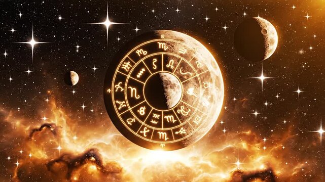 Golden zodiac wheel with moon in glowing cosmic space