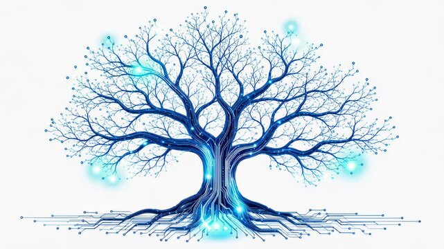 Digital blue tree with circuit-like branches and roots symbolizing technology