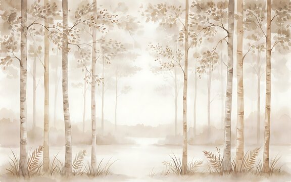 Watercolor birch forest landscape in neutral beige tones