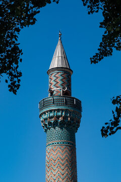 Turquoise glazed tile minaret of the Green Mosque Yesil Cami in Iznik Nicaea, Bursa, Turkey