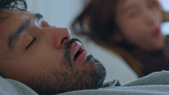 Man Sleep Snore Beard Bed Blanket Woman Bedroom Couple Tired Peaceful Close Up Adult Rest Scene With Soft Light Pillow Open Mouth Calm Domestic Portrait