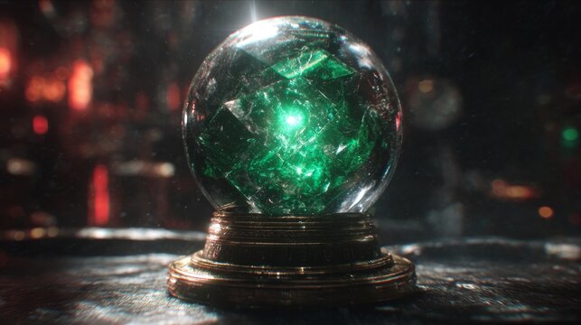 A smooth metallic orb containing a pulsating green gem sits on a decorative base, a powerful mystical artifact