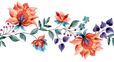 Floral border, watercolor seamless frame in oriental style. Abstract bright flowers. © Tatiana