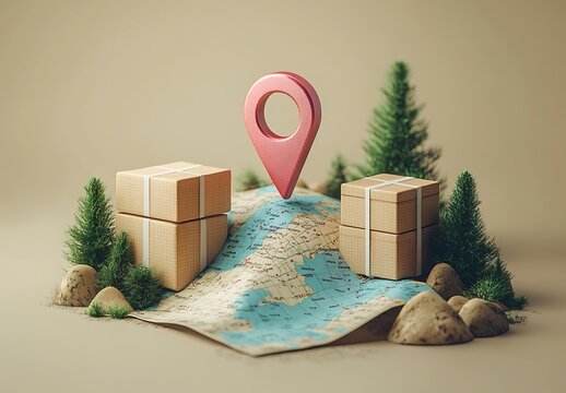 Stacked cardboard boxes on a map with a pink location pin, surrounded by pine trees and rocks