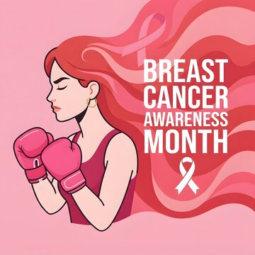 Breast cancer awareness month strong woman boxer with pink ribbon fight against breast cancer