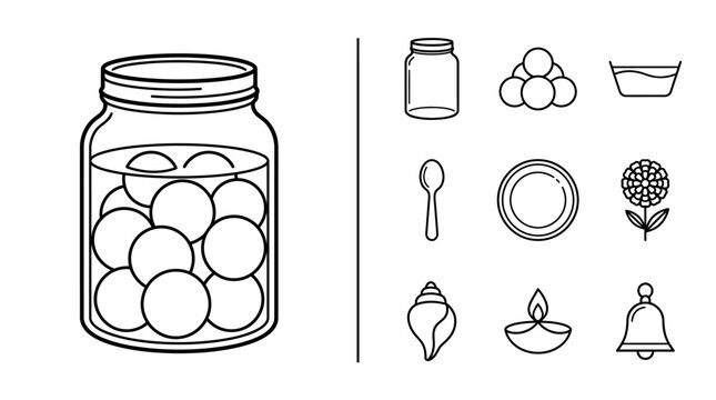 Set of Line Art Icons Featuring a Jar with Spheres and Various Household Objects