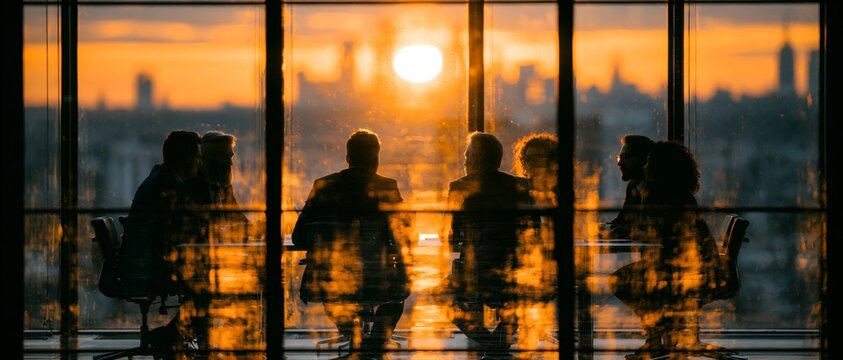 Group of individuals silhouetted against a vibrant sunset