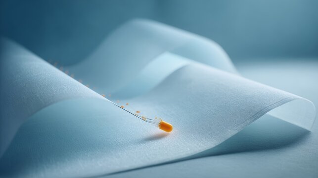 Close-up of a miniature biosensor with orange fluid sample on a soft blue fabric surface