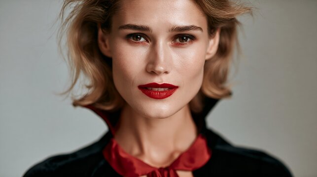 Stunning female model with fiery red lips and styled hair